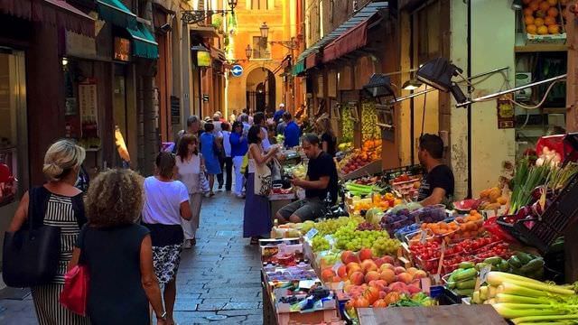 The town Market in Bologna is quite unique. Small streets full of fruit, fish and local food
